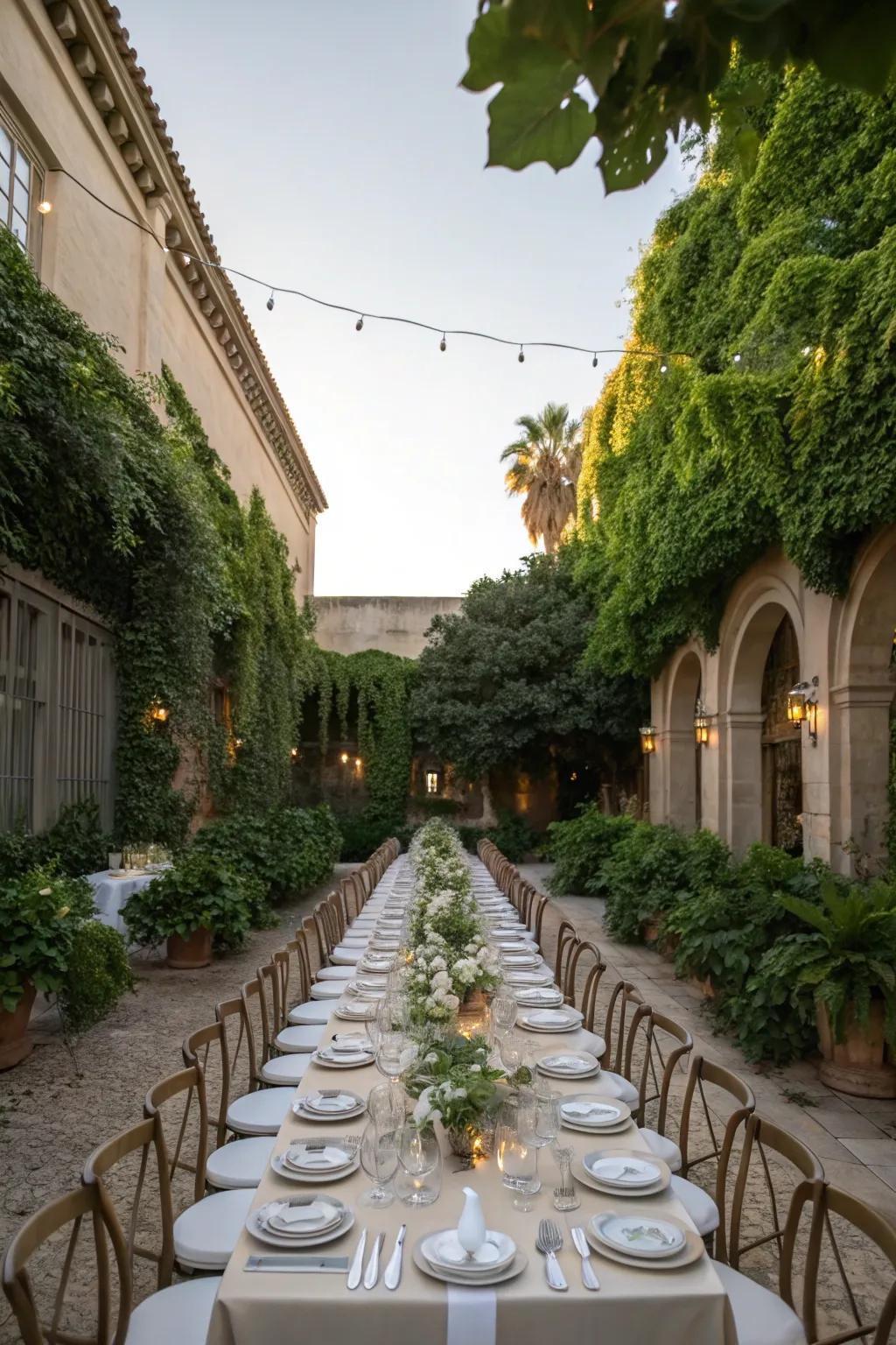 U-shaped tables creating an intimate atmosphere in a courtyard.