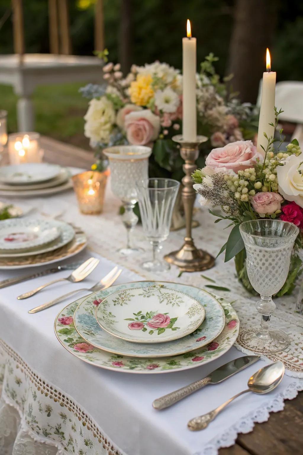 A vintage-inspired wedding table setting with elegant mismatched china and lace.