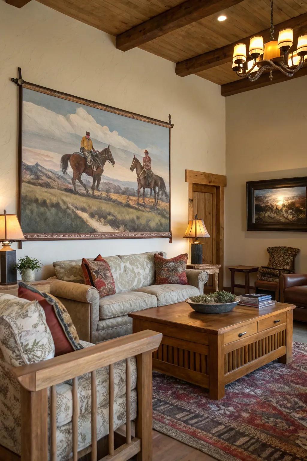 Cowboys on horseback bring a rugged and adventurous spirit to this rustic living room.