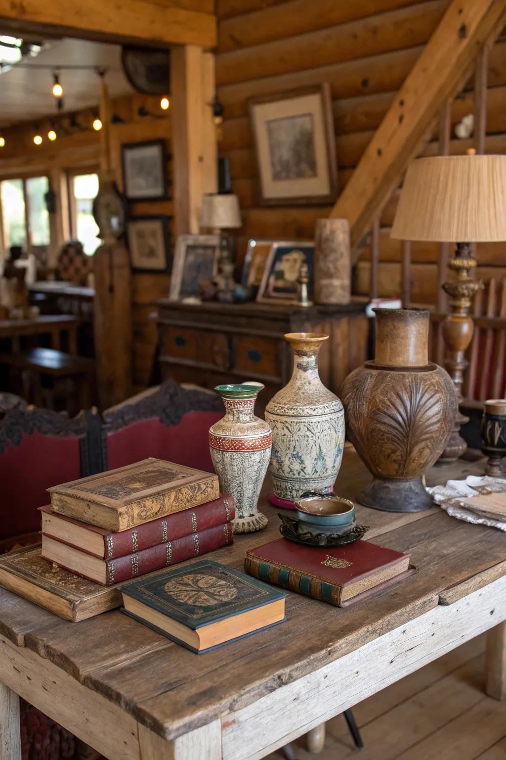 Layered antiques adding character to a Western-themed table.