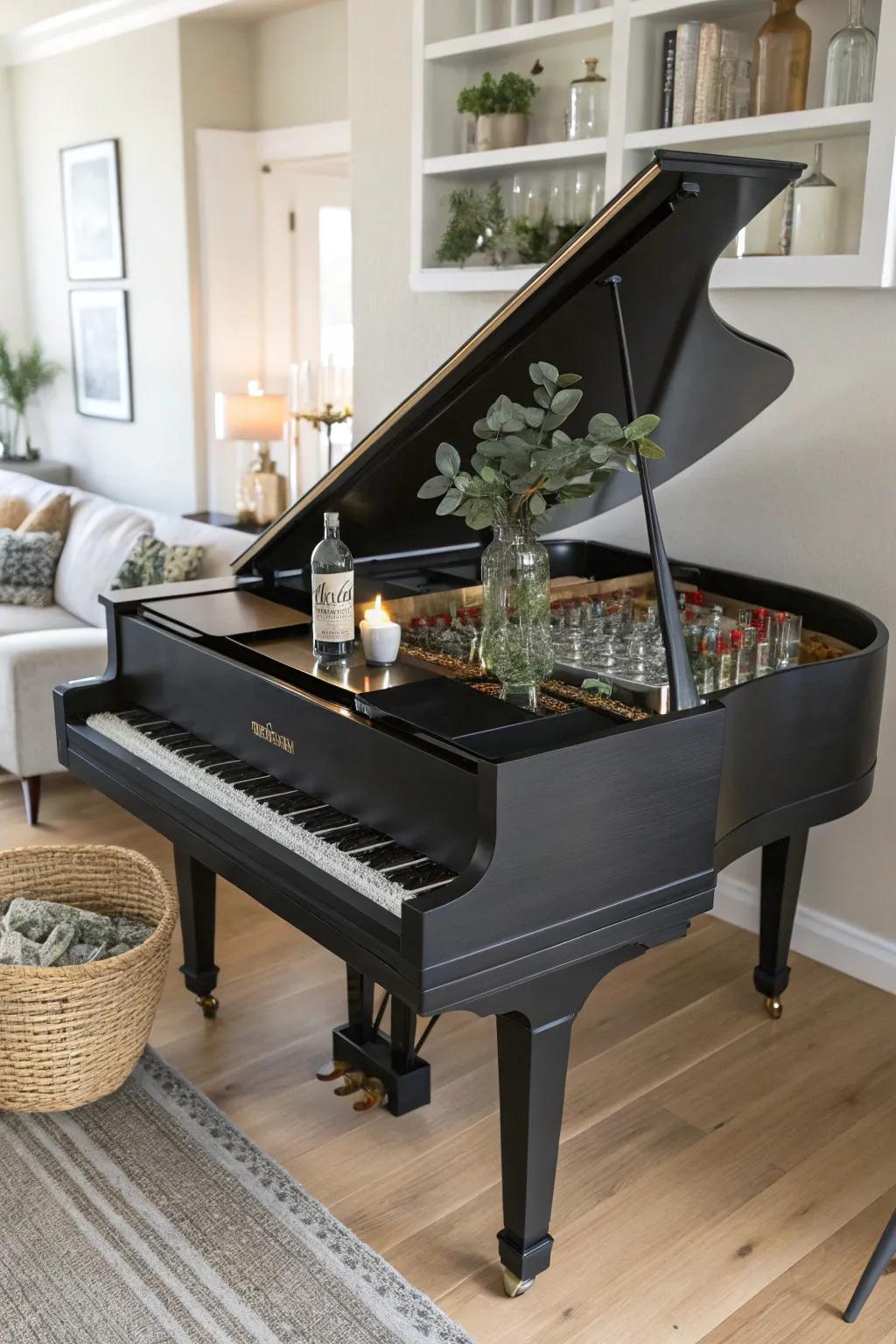 Elevate your gatherings with a stunning piano-turned-bar centerpiece.