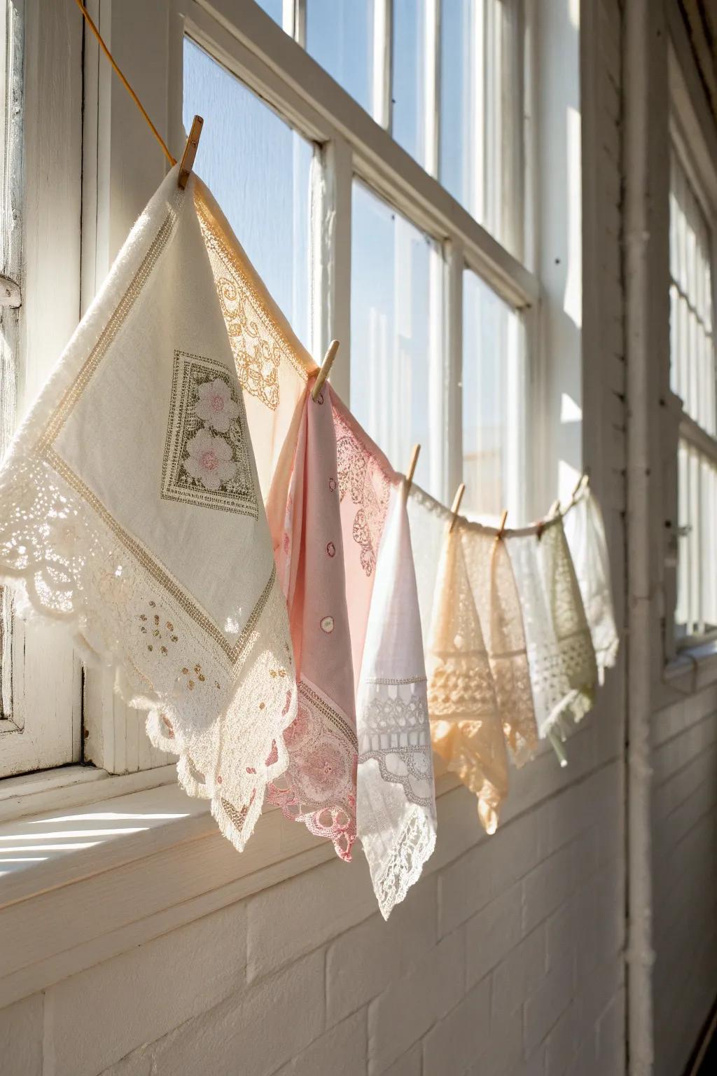 A whimsical garland of memories: vintage handkerchiefs dancing in the sunlight.