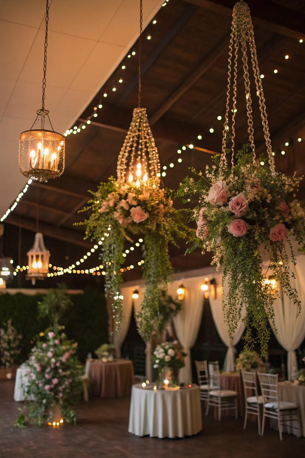 Stunning floral chandeliers adding elegance to a wedding venue.