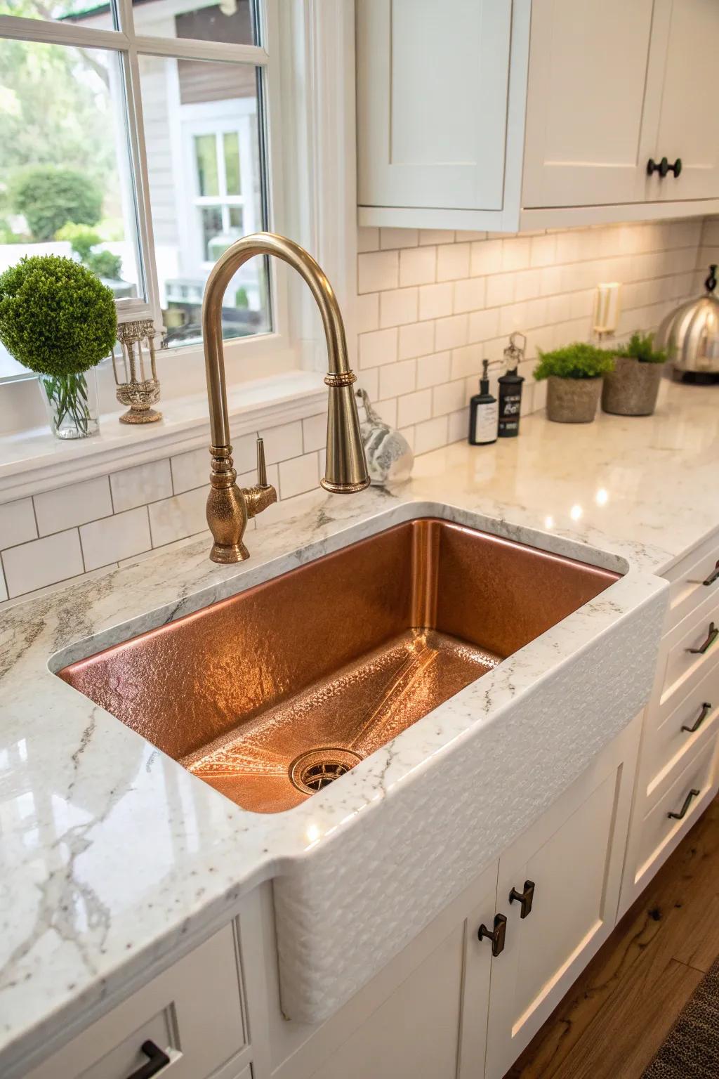 A copper sink brings both functionality and style to the kitchen.