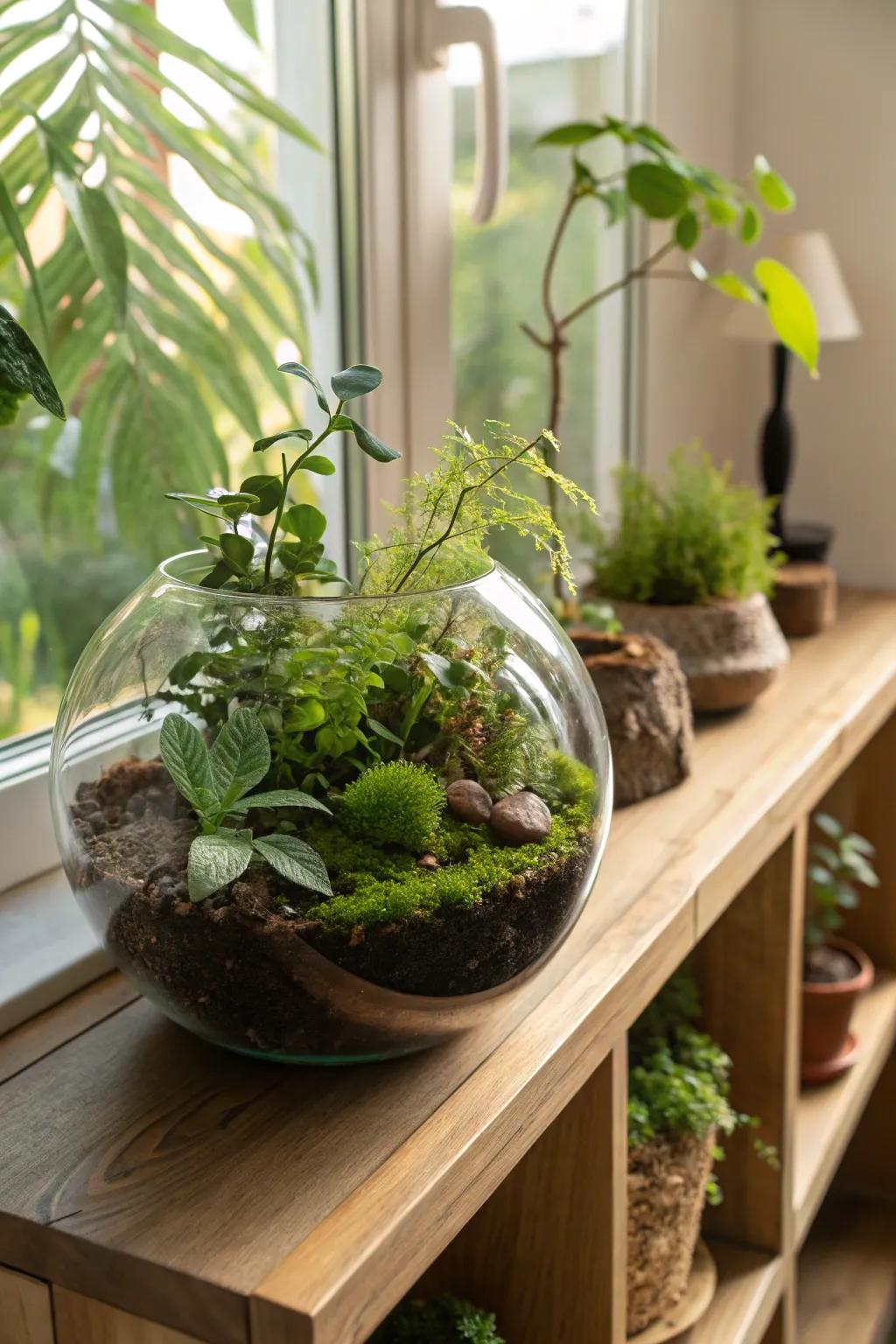 A beautiful mini garden captured in a glass terrarium.