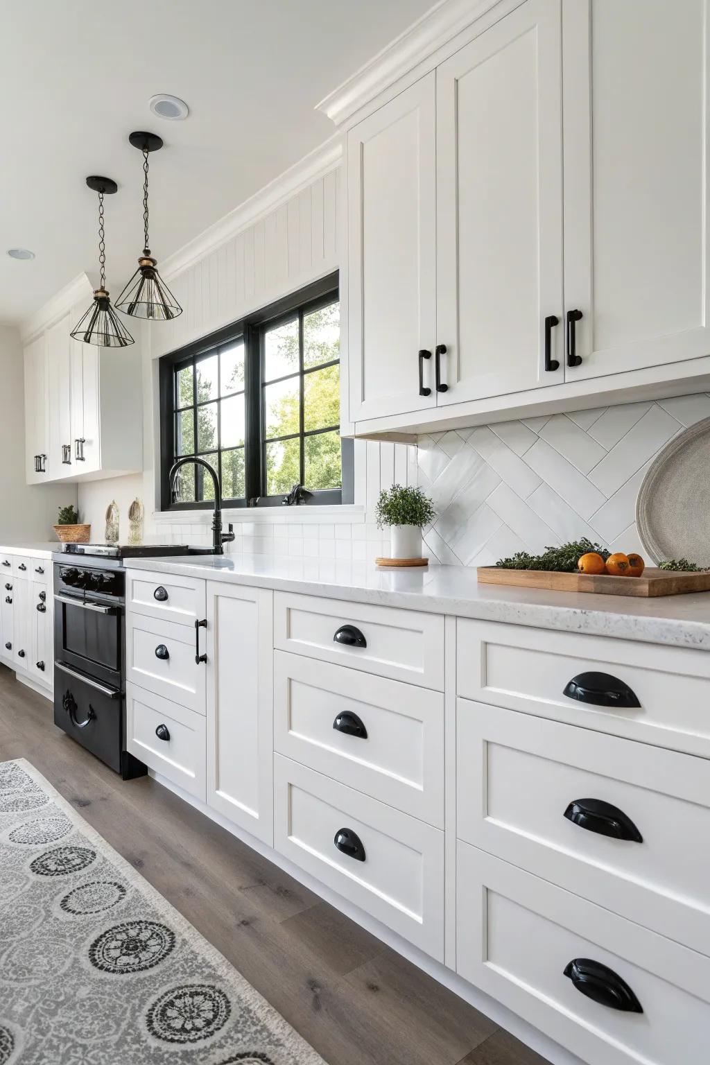 Combination of round and half-circle black hardware on white cabinets.