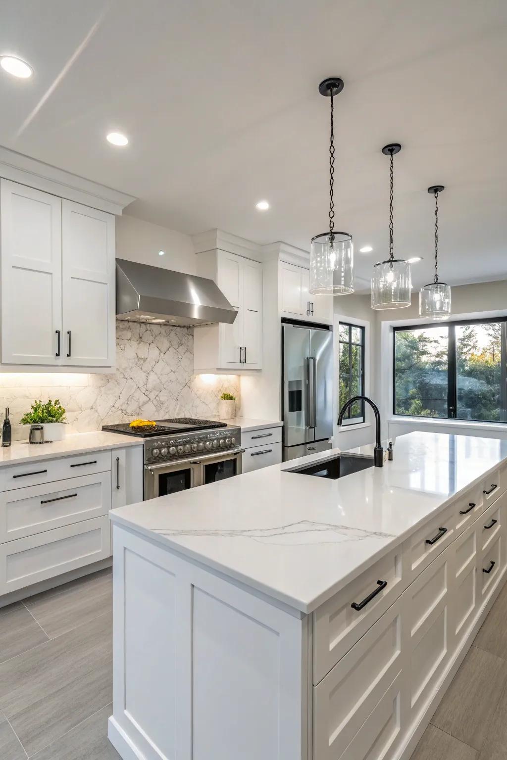 White quartz countertops offer durability with a chic appearance.