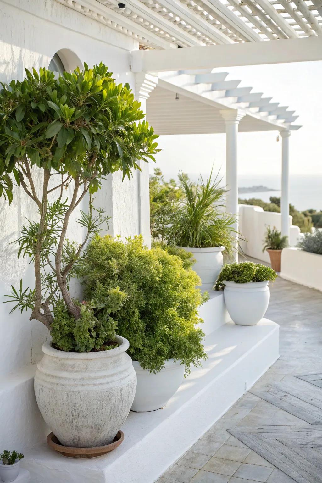 Lush greenery beautifully contrasts with a white patio setting.