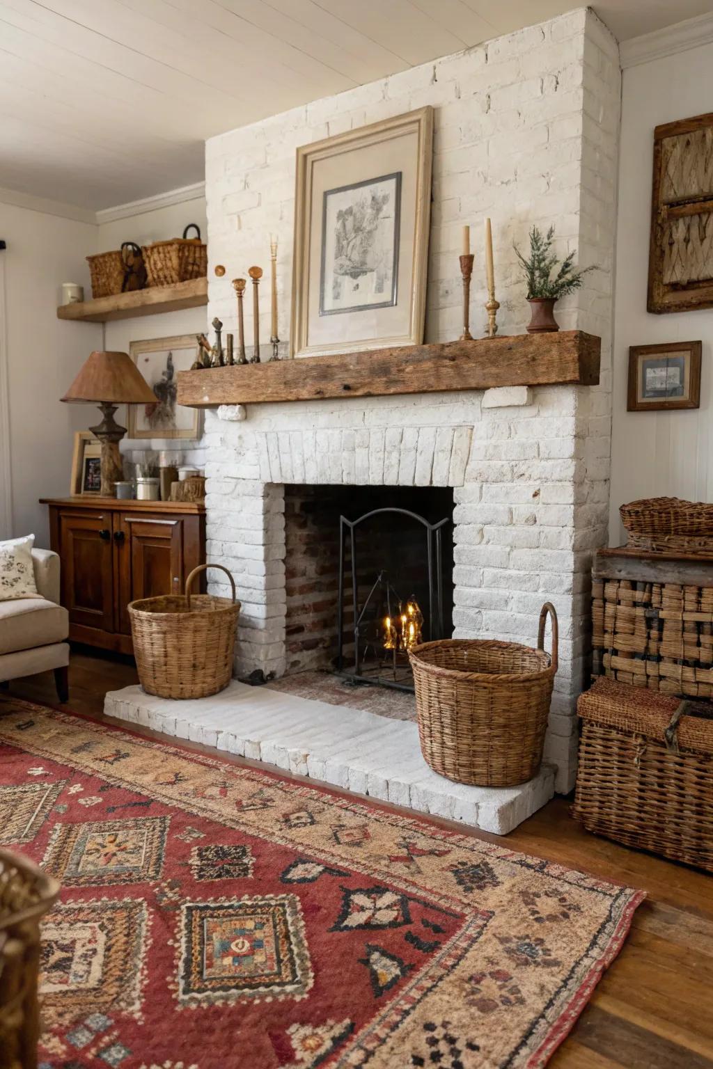 A rustic living room showcasing a distressed whitewashed brick fireplace.