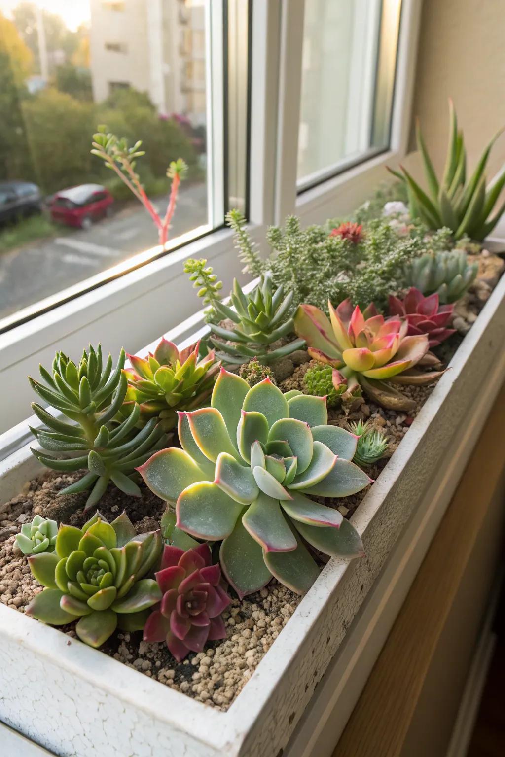 A modern and chic window box filled with diverse succulents, perfect for low-maintenance summer decor.