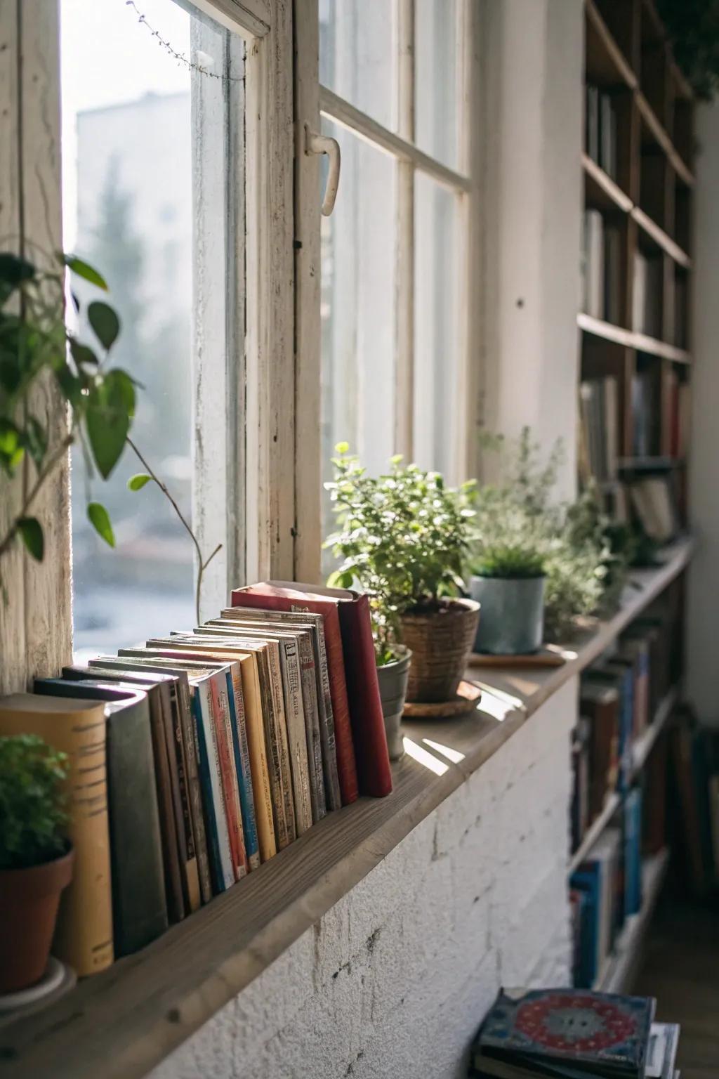 Combine books and plants for a cozy window display.