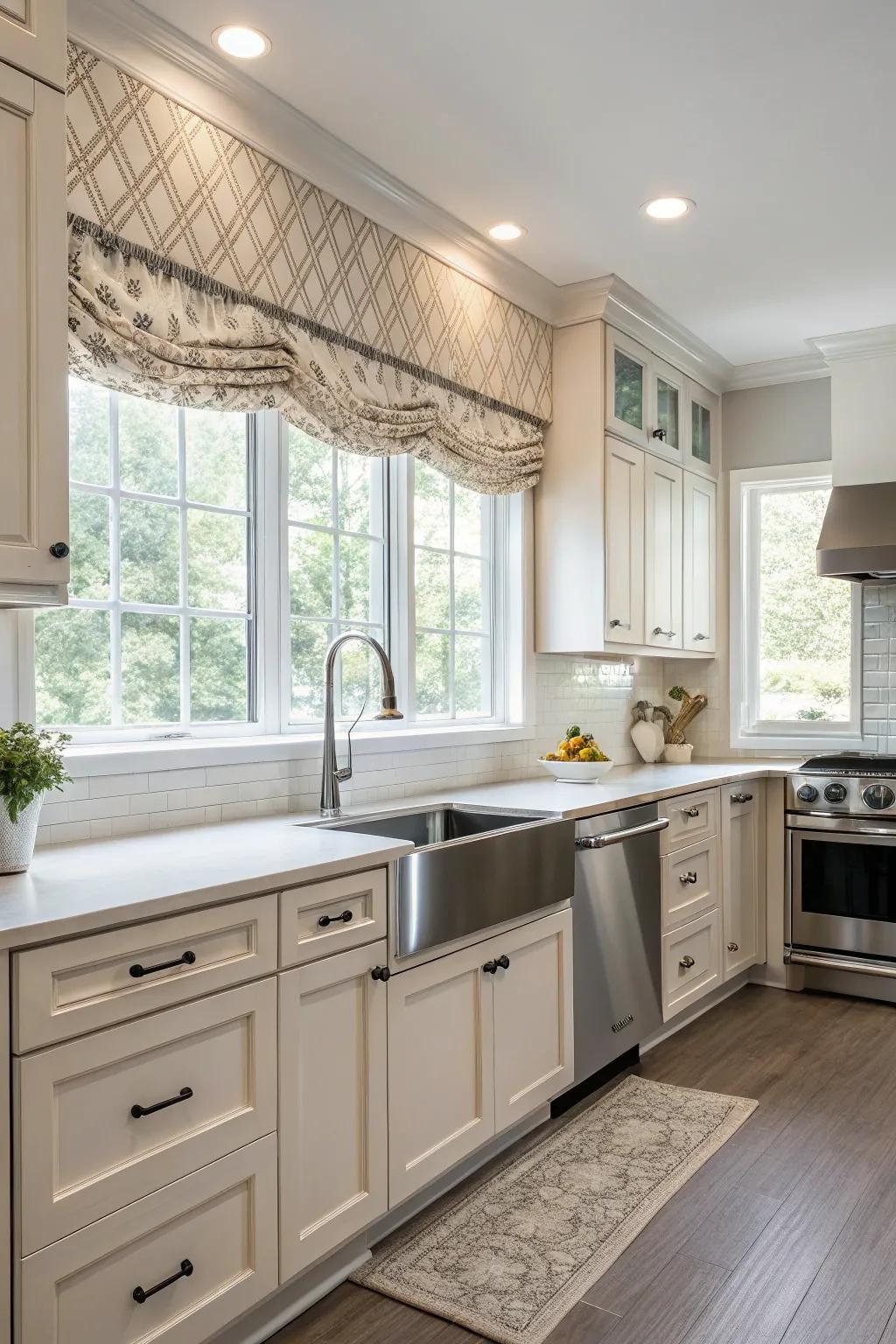 Clean lines with a modern box pleat valance in the kitchen.