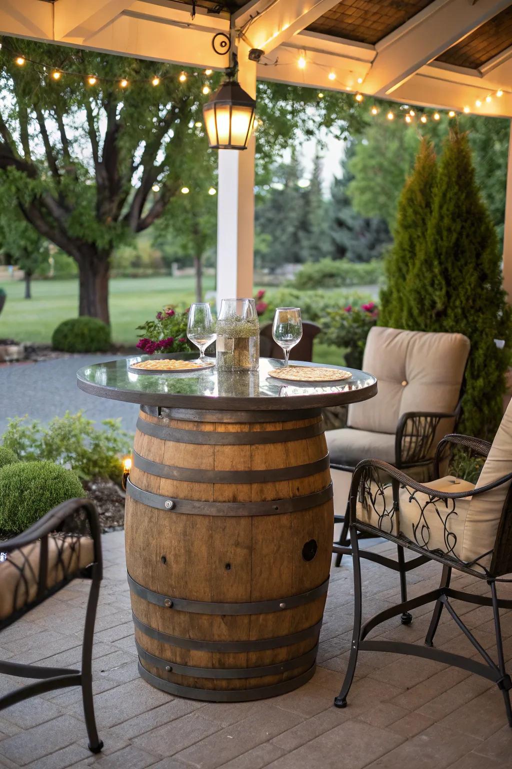 A wine barrel bar table adds elegance to your patio.