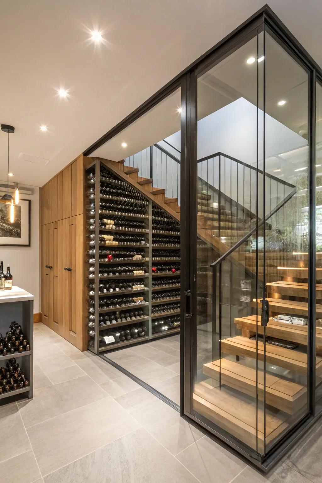 A modern wine cellar creatively placed under the stairs