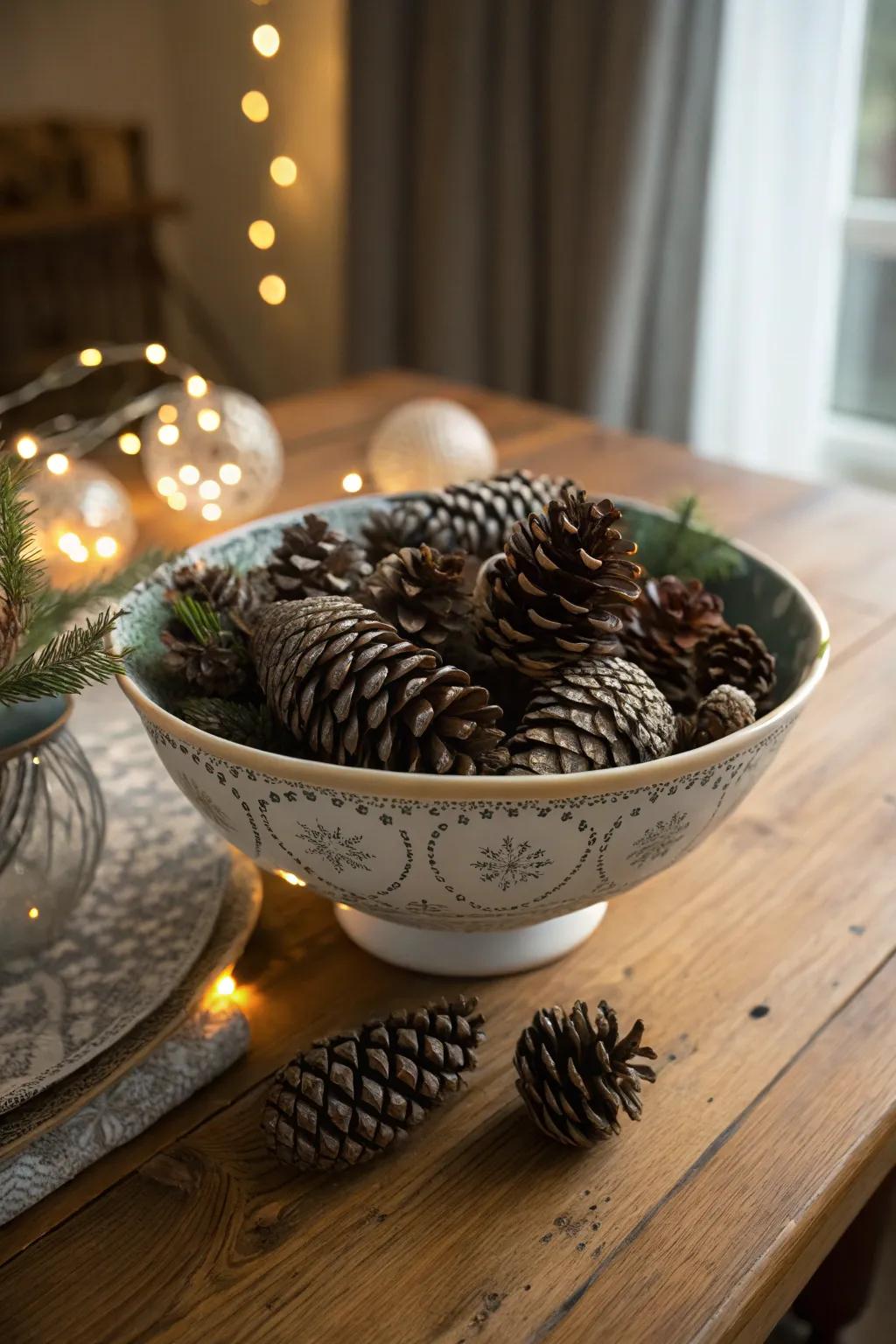 A rustic bowl of pinecones adding warmth to a living space.