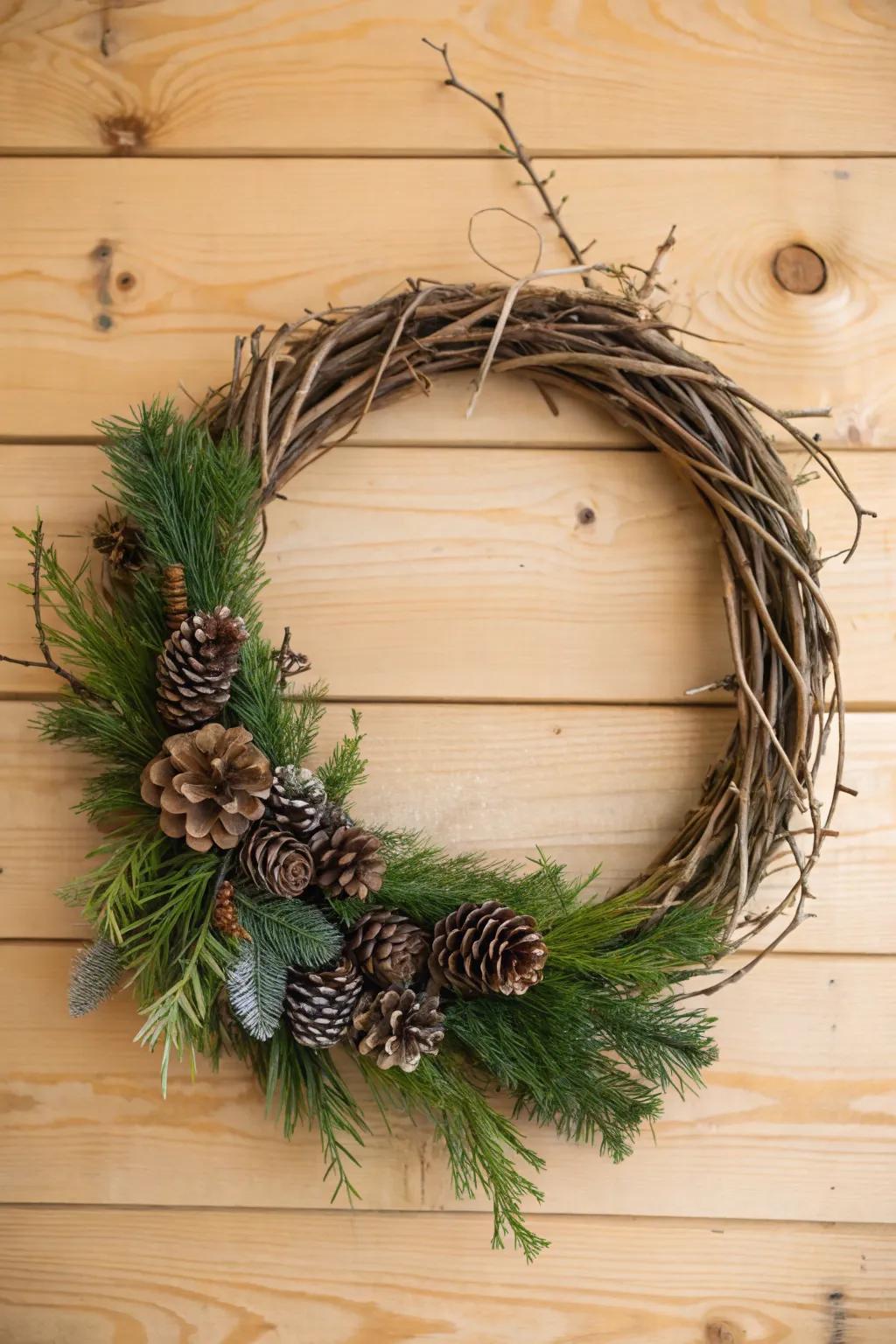 A rustic pinecone and evergreen wreath brings woodland charm to your home.