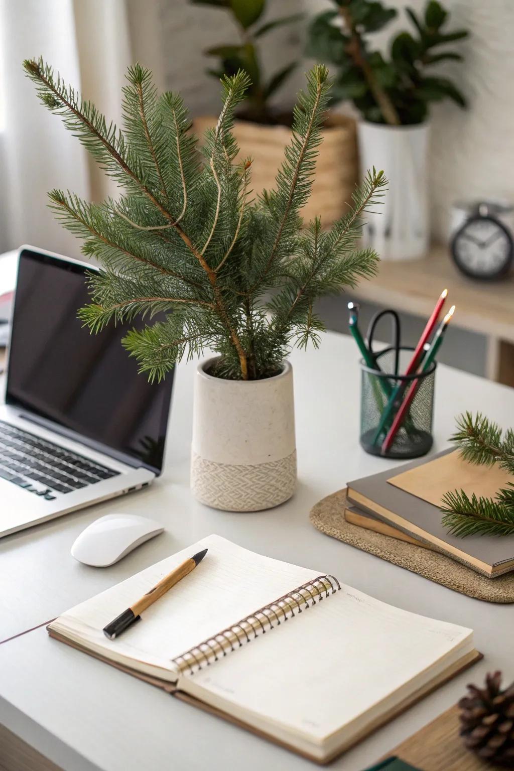 Evergreen branches provide a natural touch to your office decor.