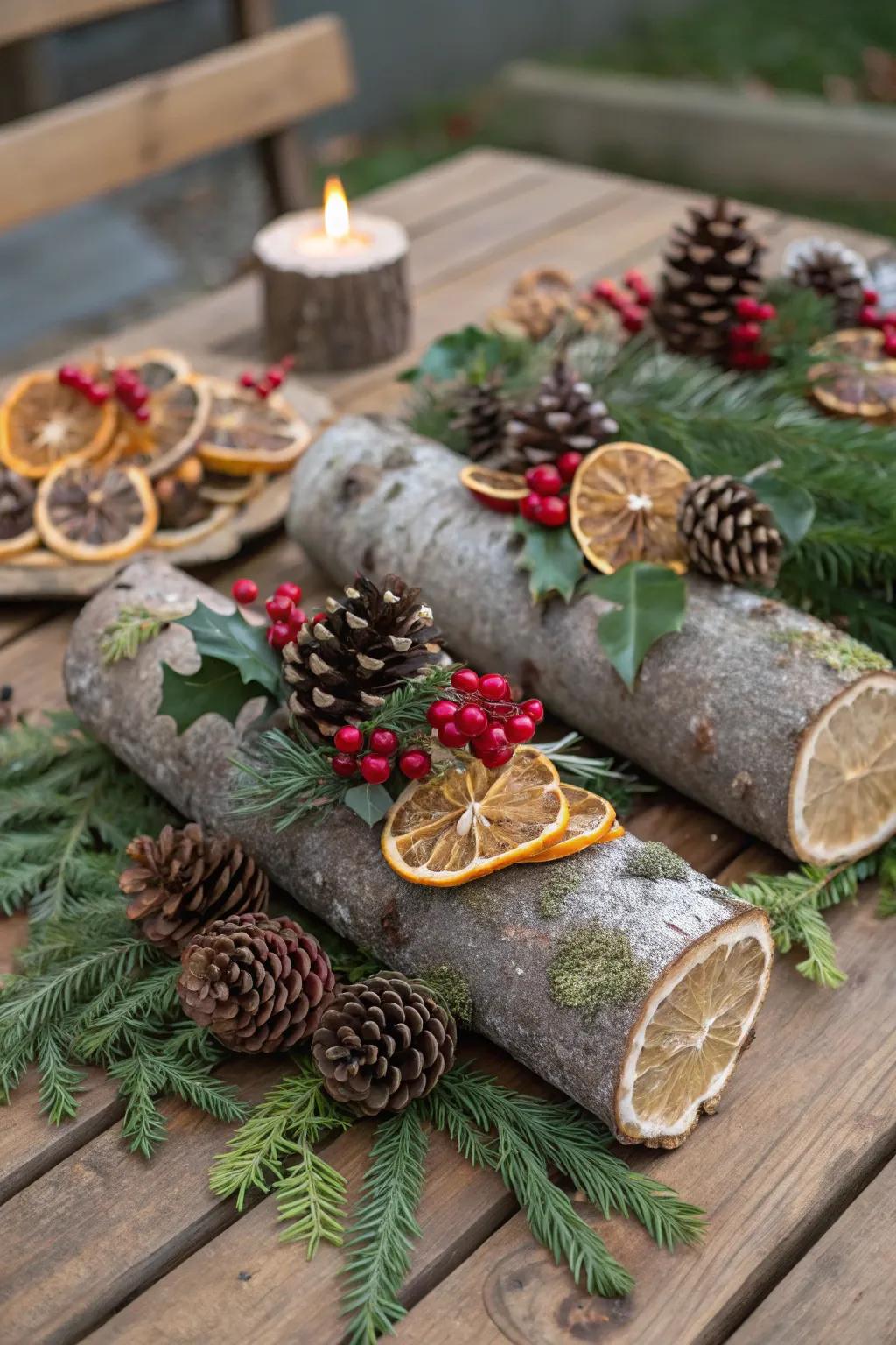 Yule logs adorned with natural elements bring tradition to your solstice celebration.