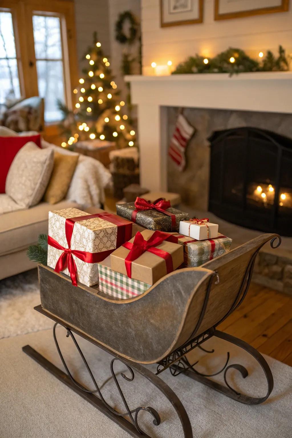 A sleigh filled with gifts adds charm and nostalgia to your decor.