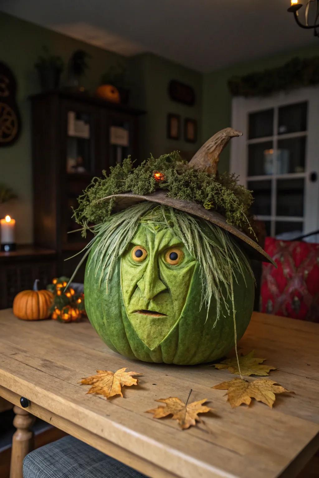 Green-faced witch pumpkin with moss hair for a natural spooky effect.