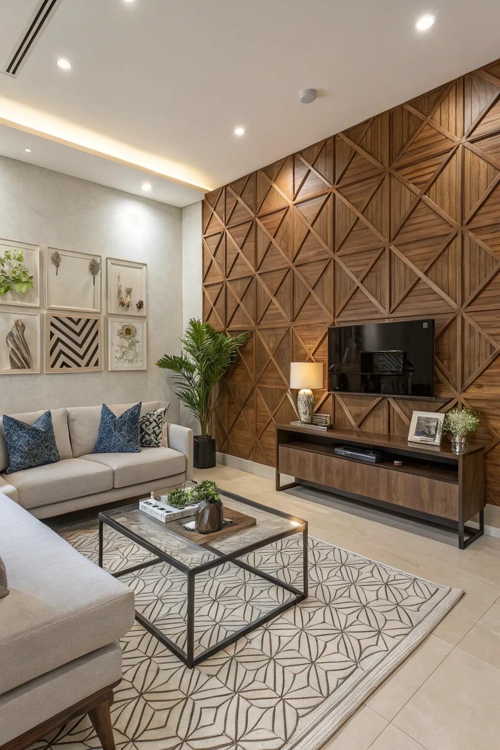 A contemporary living room with a geometric wood accent wall.