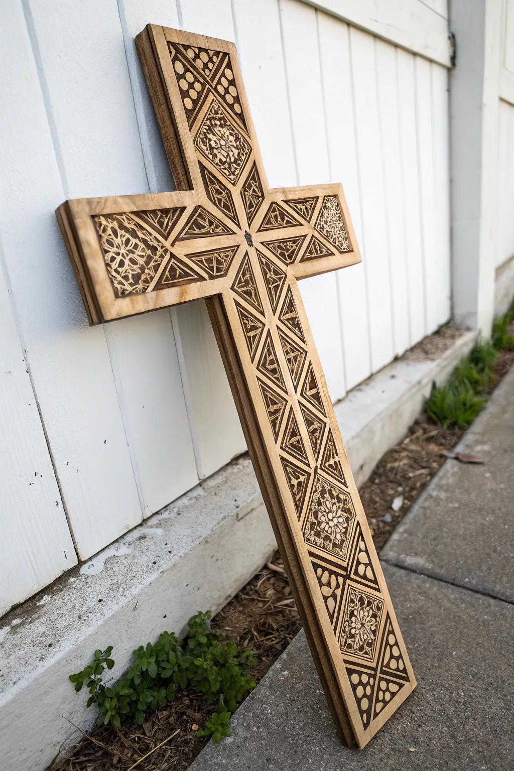 Geometric patterns offer a modern twist to traditional wood burning crosses.