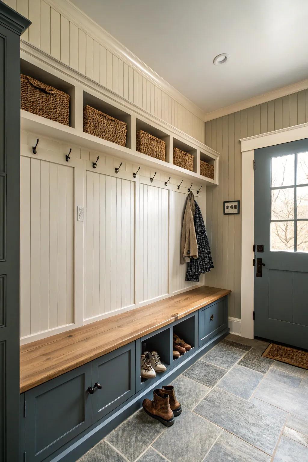 Mudroom with modern two-tone painted vertical wood panels.