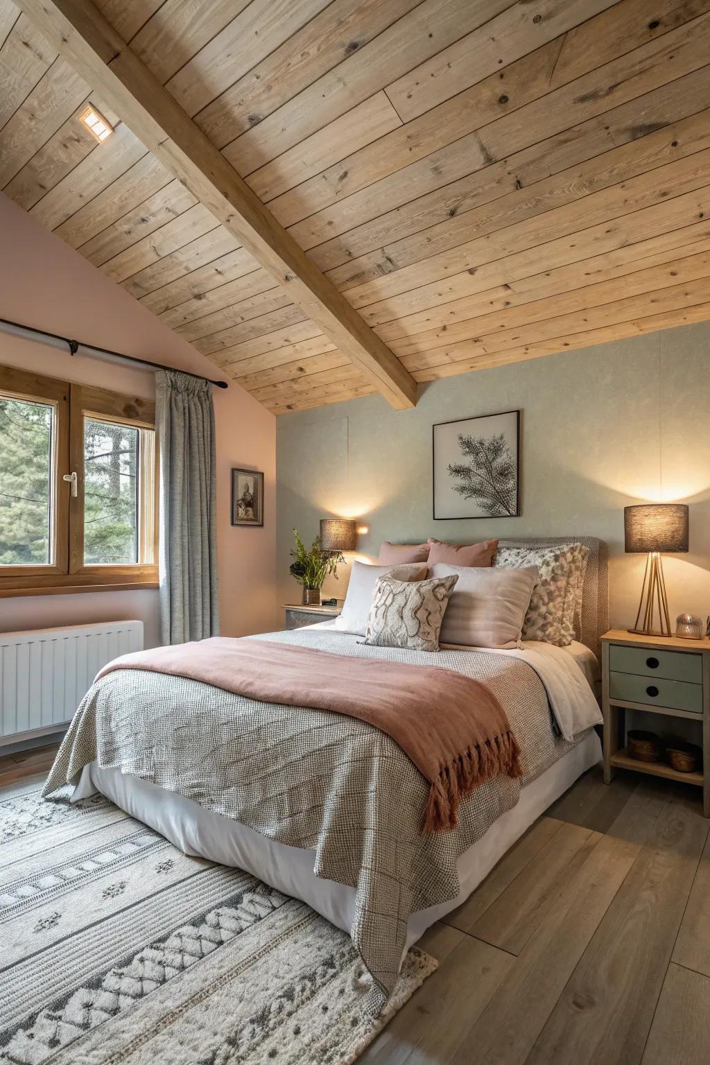 A wood plank ceiling turns this bedroom into a peaceful oasis.