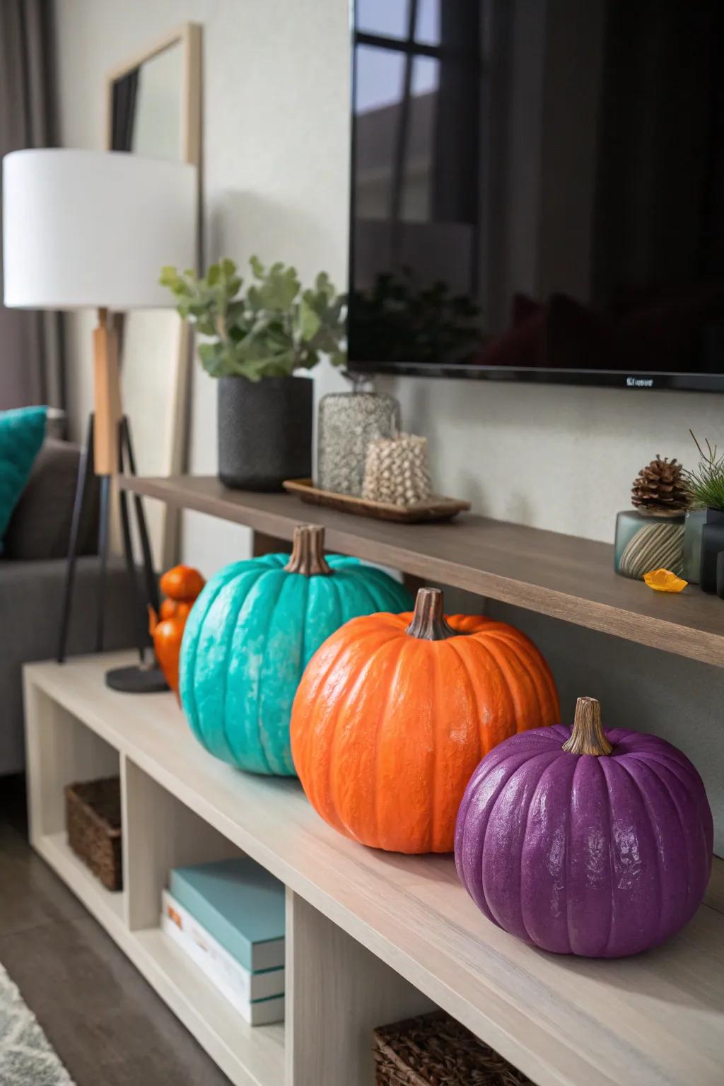 Add a splash of color with bold acrylic-painted pumpkins.