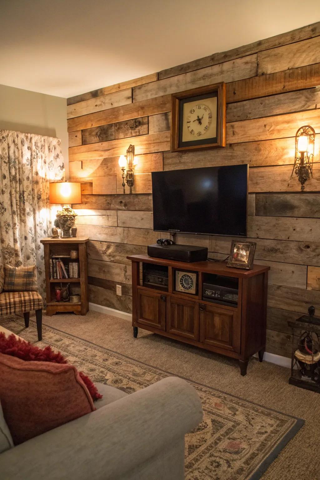 Reclaimed wood brings a rustic charm to your TV wall.