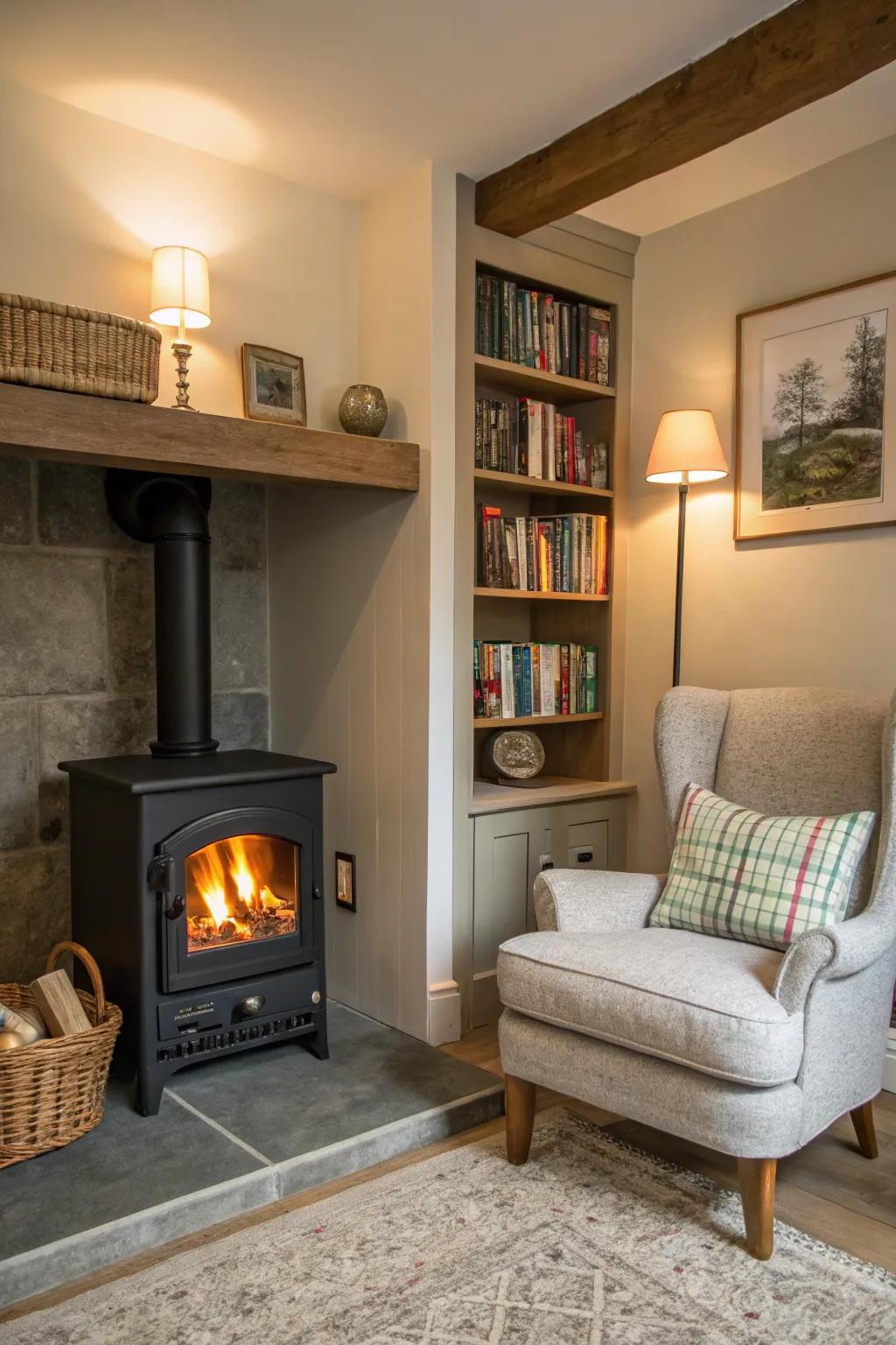 A cozy corner nook designed for relaxation, featuring a compact wood stove.