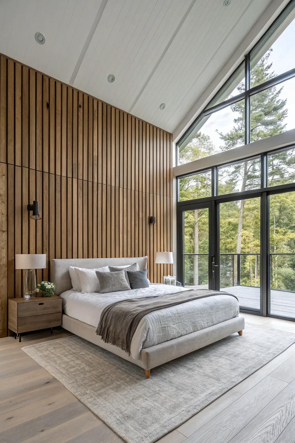 Modern bedroom featuring vertical paneling for added height.