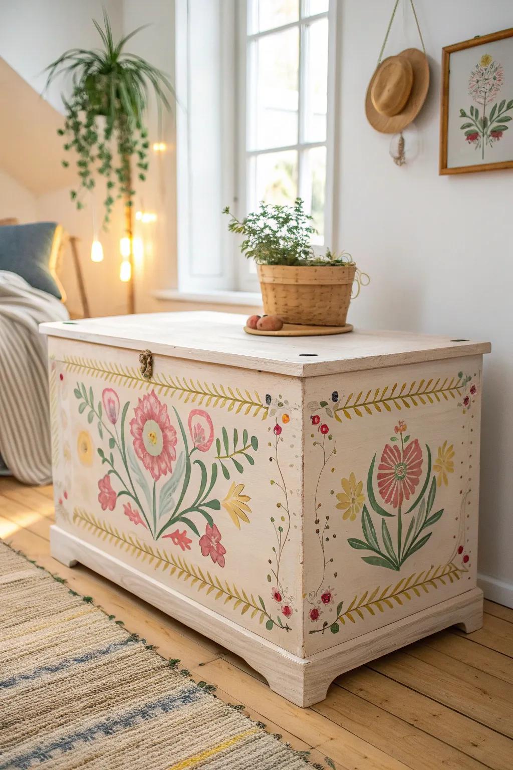Transform your space into a Floral Fantasy with a handcrafted wooden chest that blooms with beauty.