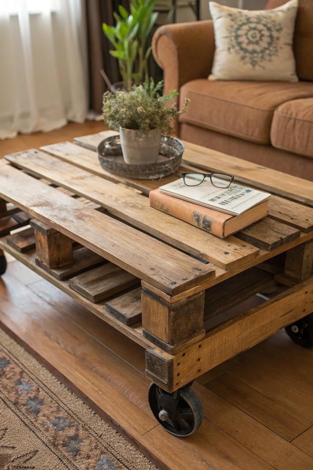 Elevate your living space with this rustic wooden pallet coffee table on wheels – where craftsmanship meets functionality.