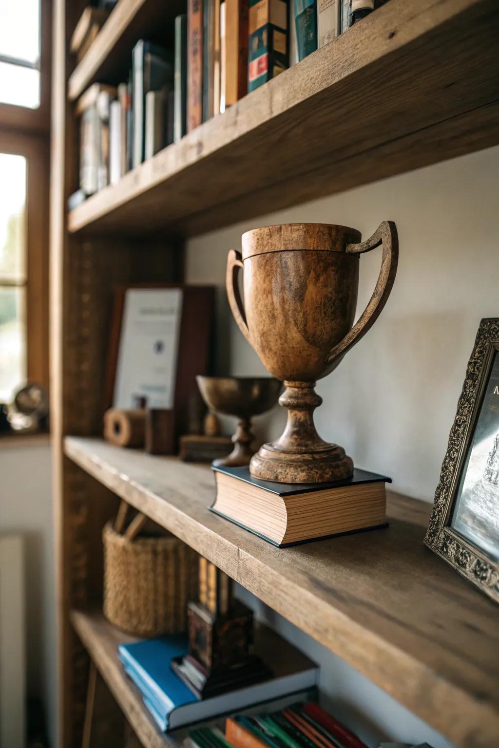 A wooden trophy cup brings rustic charm to any celebration.