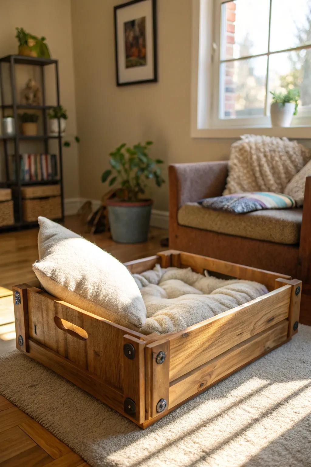 Pamper your pet with a handmade wooden bed.