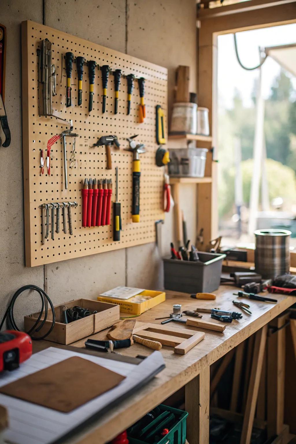 A pegboard is the perfect way to organize tools vertically.