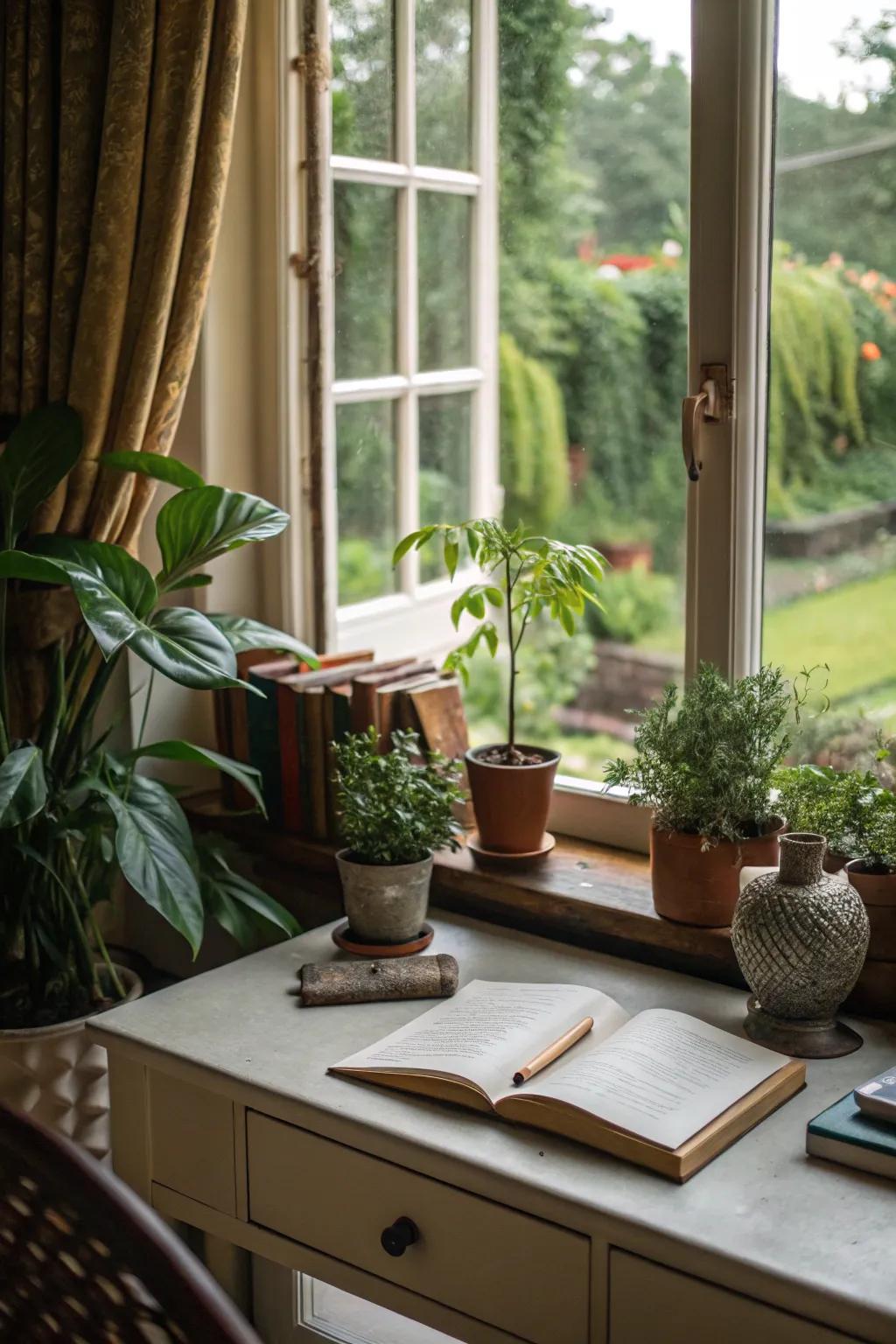 A serene writing space with a view of nature.