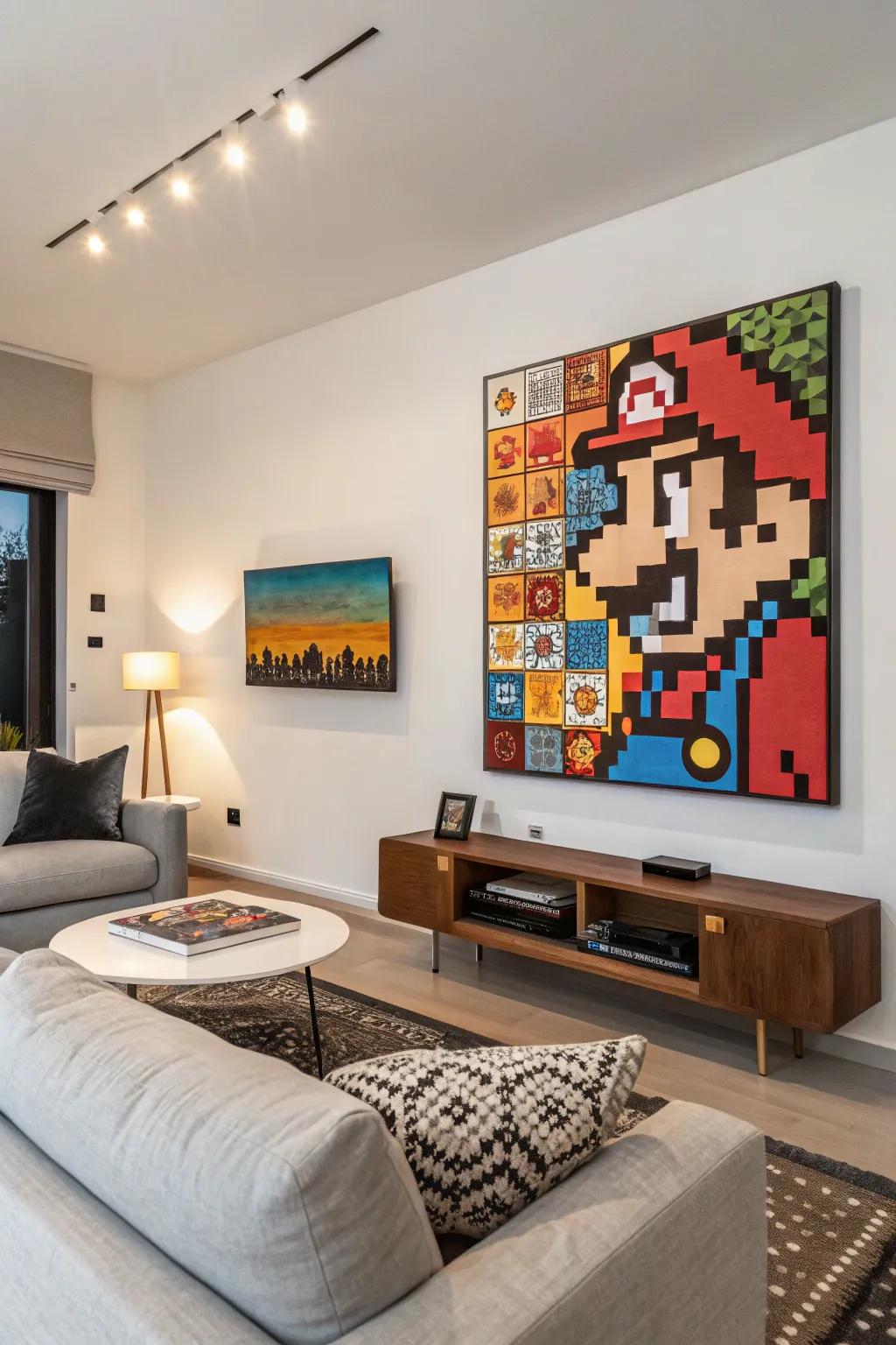 Pixel art adds a digital touch to Y2K paintings.