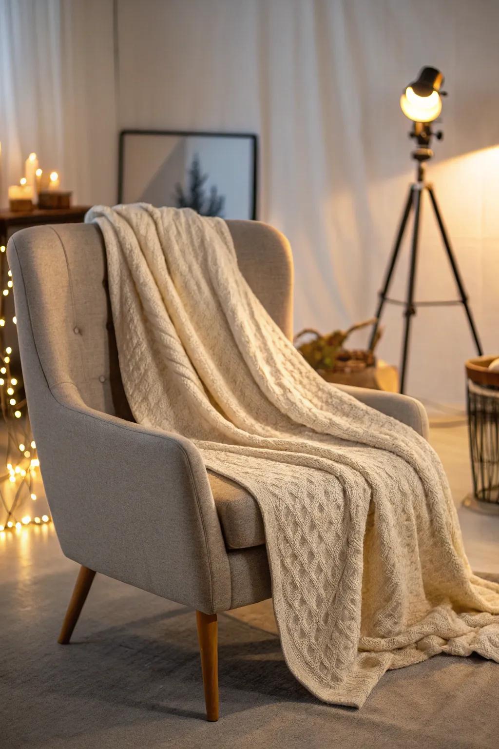 Snuggle up with a cozy knit throw blanket, perfect for winter evenings.