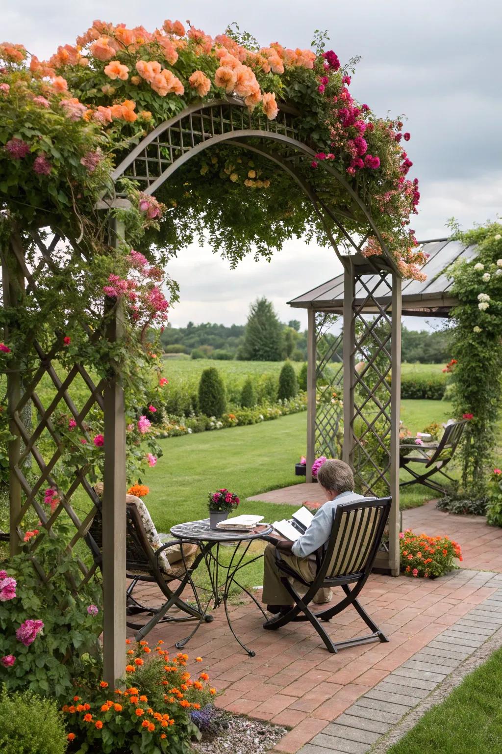 A decorative trellis with climbing plants adds charm and privacy.