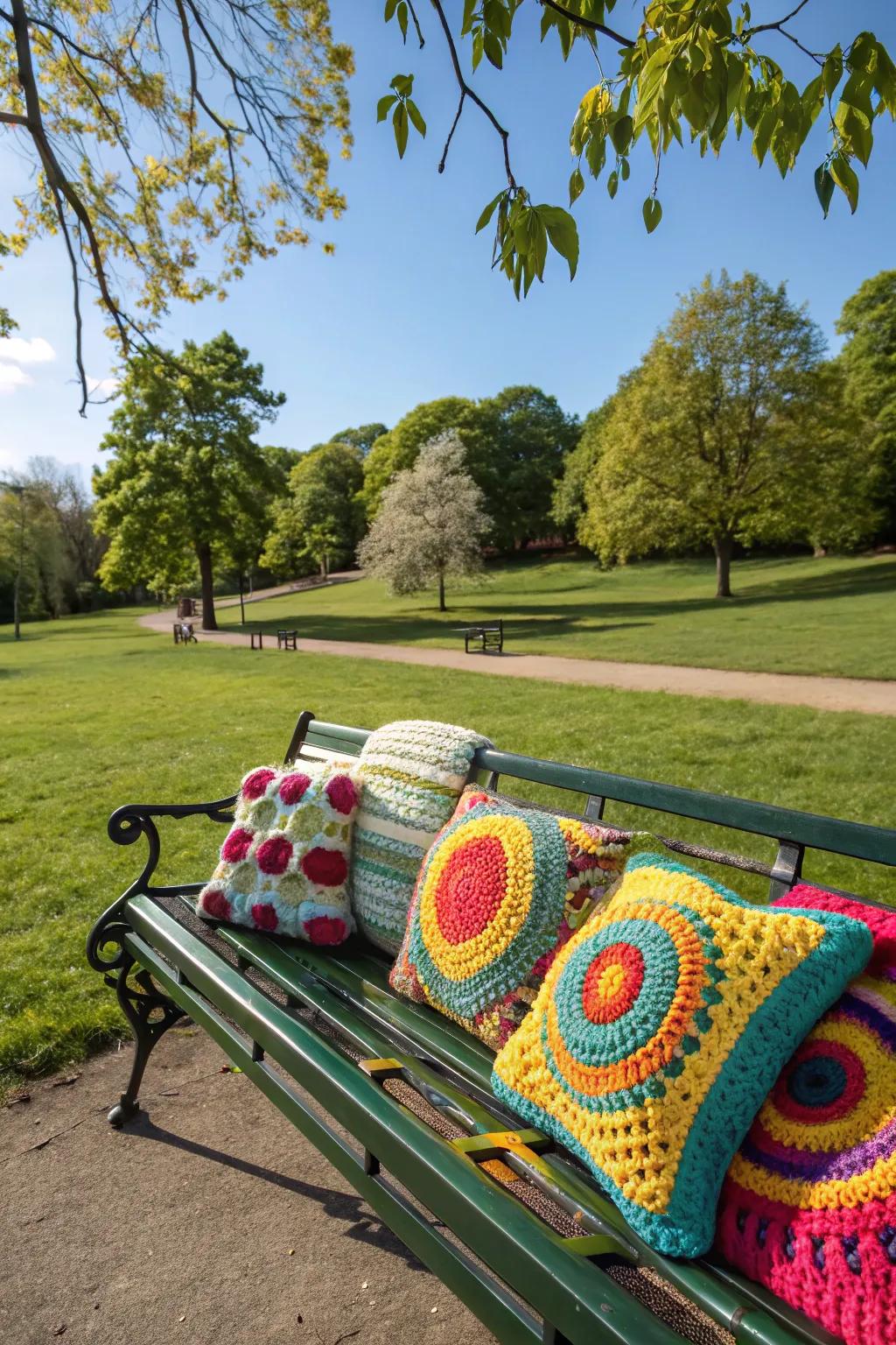 A yarn-bombed bench offers a cozy spot for park-goers.