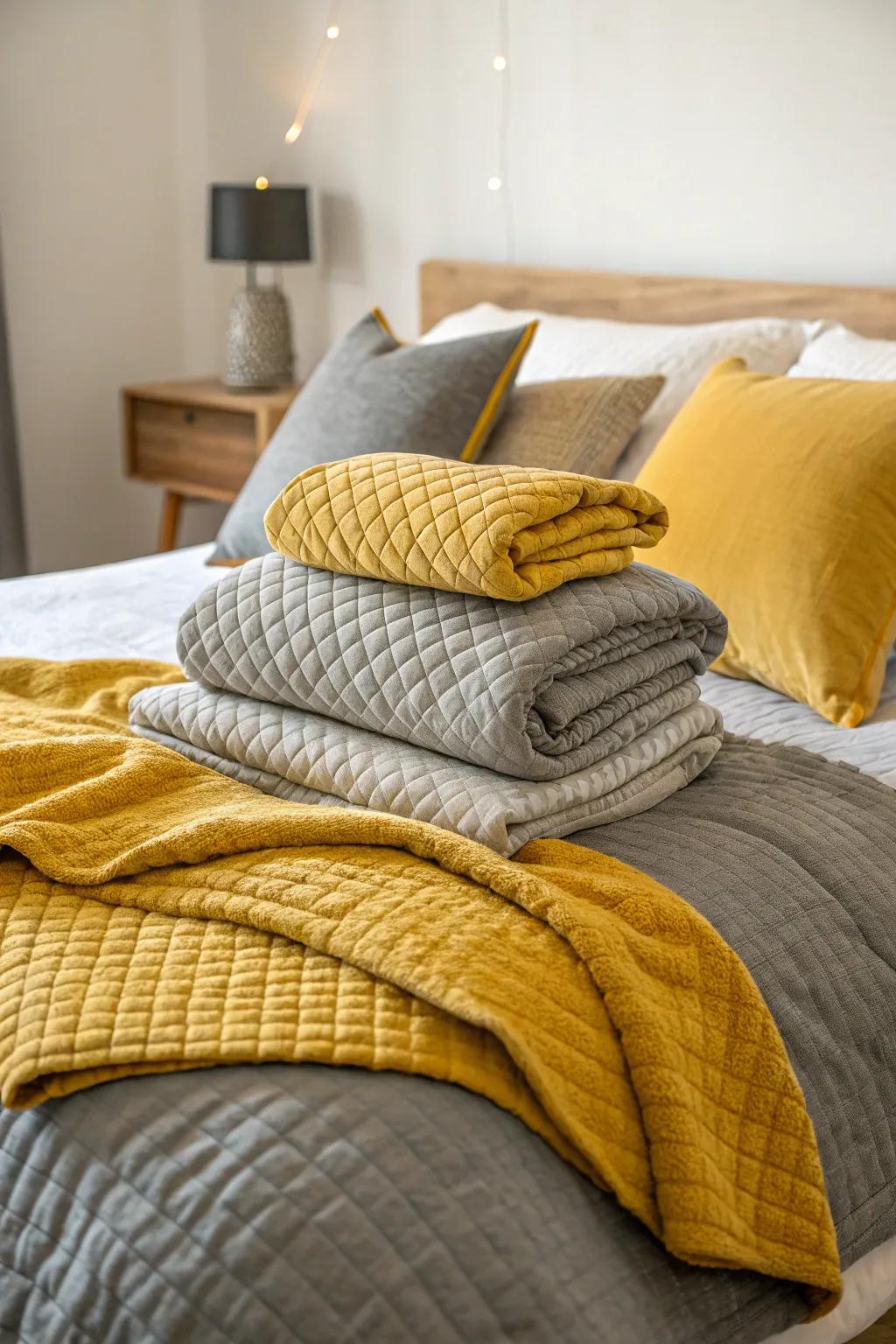 Textiles in yellow and grey layers add warmth and texture.