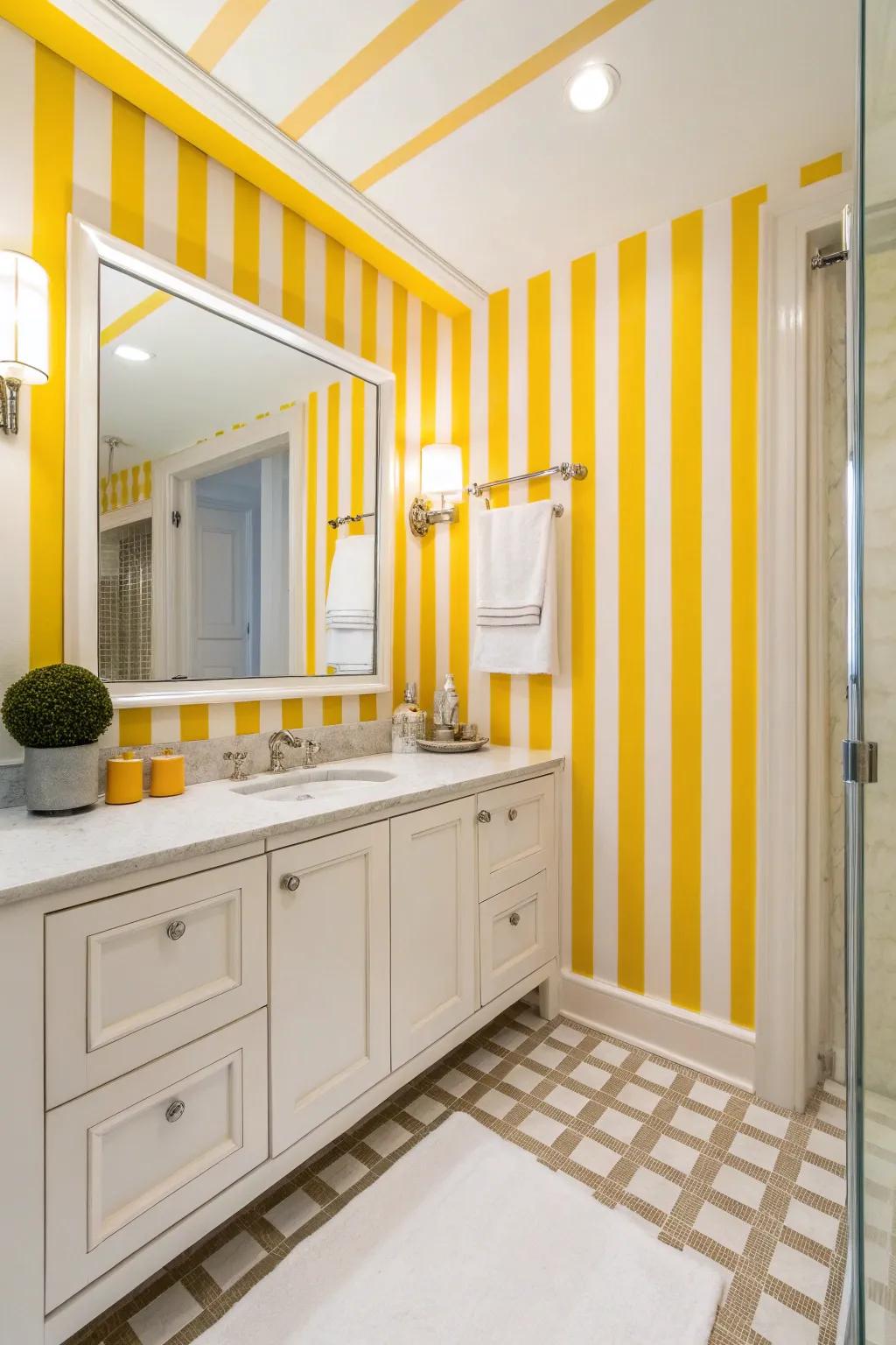 A lively bathroom featuring bold cabana stripes that add a splash of fun.