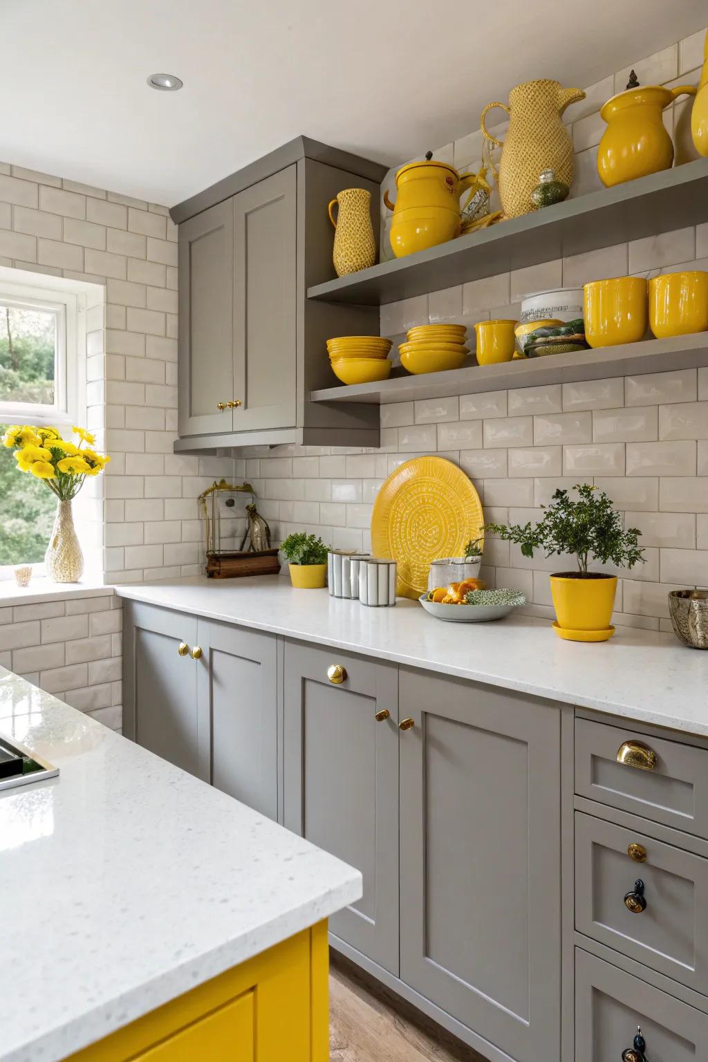 Elegant grey cabinets complemented by lively yellow accents.