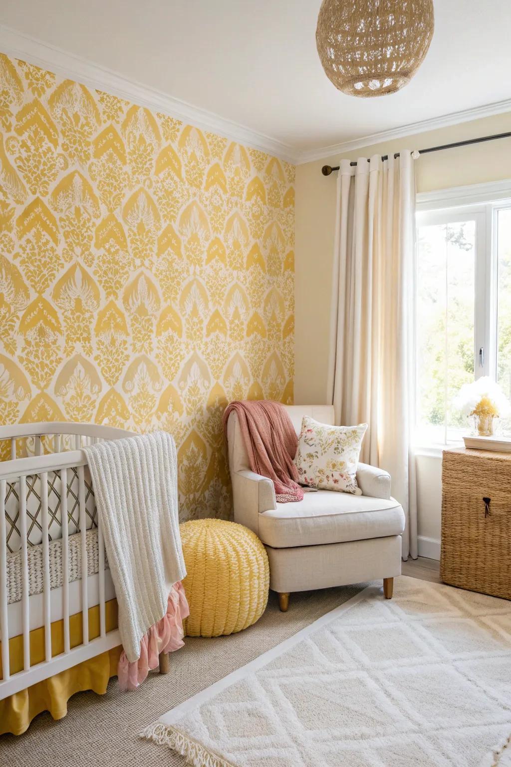 Patterned yellow wallpaper adds character and charm to this delightful nursery.