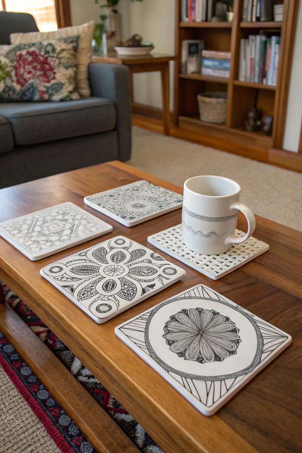 Stylish zentangle coasters add flair to the coffee table.