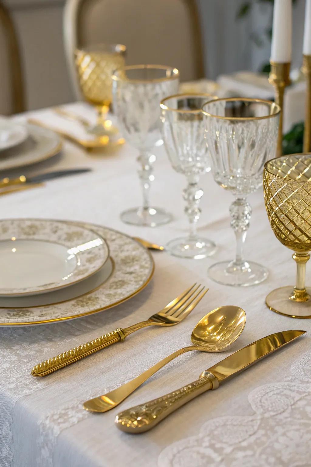 Gold cutlery and glassware add a touch of luxury to the dining experience.