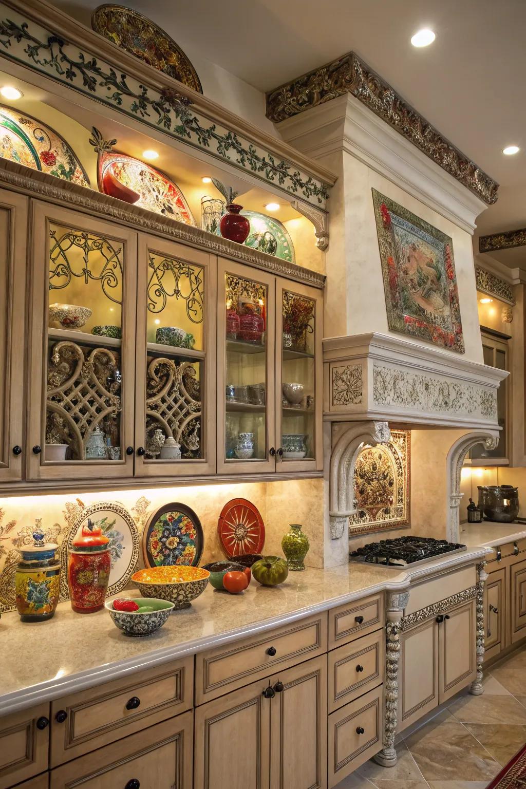 Maximalist decor above cabinets reflects a vibrant personality.