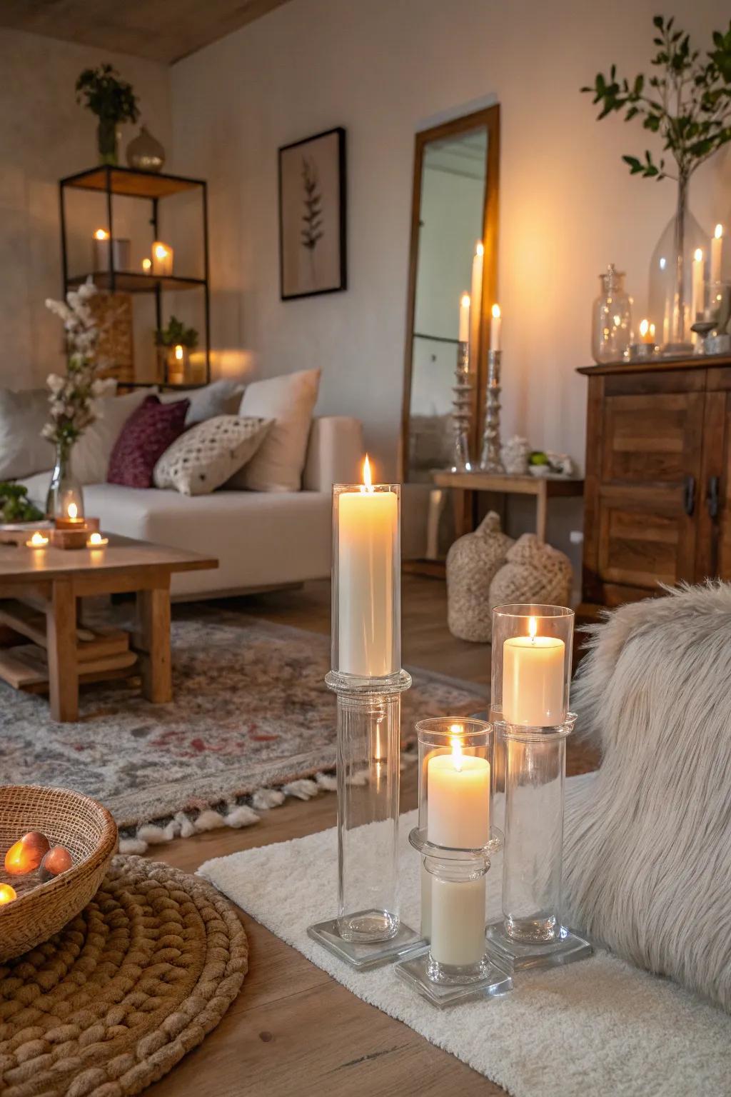 Acrylic candle holders add warmth and elegance.